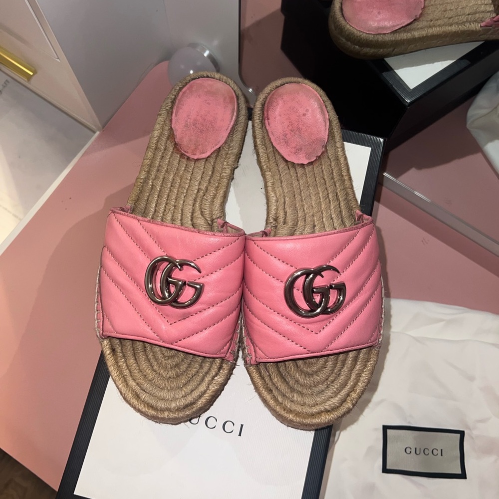 Gucci Pink Marmont Double G Leather Espadrille Slides – Size 38 (Pre-Loved) - Picture 3 of 6
